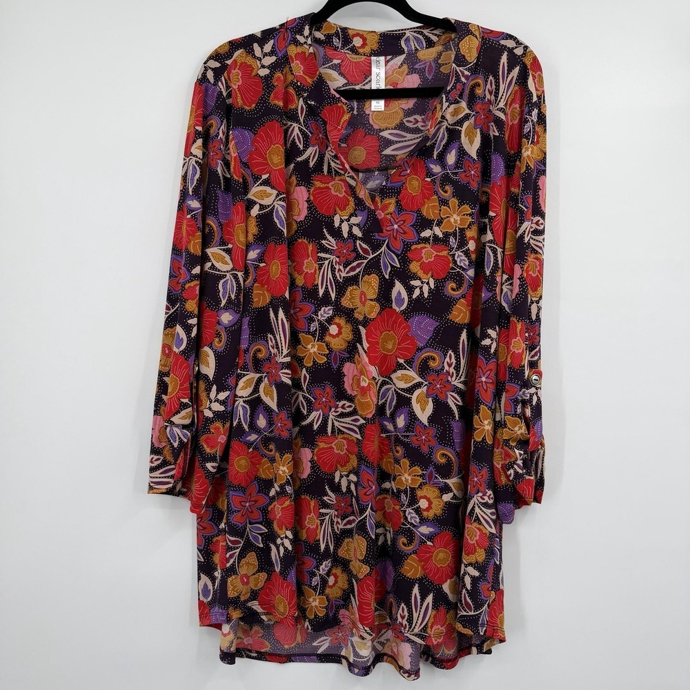 Dear Scarlett Tunic Womens 3X Purple Floral V-Neck Roll Tab Sleeve Slinky Lizzy